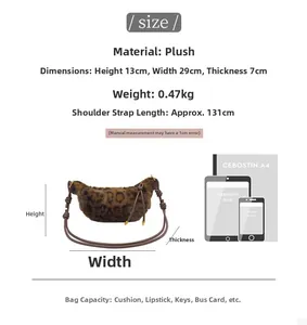 Detailed size chart of leopard print plush dumpling bag with strap length and capacity
