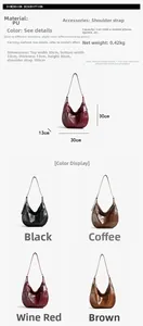 Detailed sizing and color chart for PU leather hobo bag in black, brown, coffee, and burgundy
