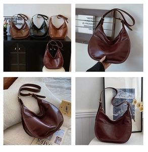 Collage of leather dumpling hobo bags in four colors with adjustable shoulder straps