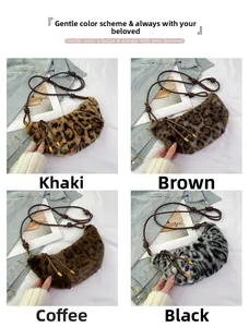 Detail showing plush leopard print handbag collection in khaki brown coffee and black colors
