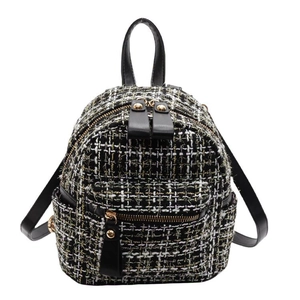 Mini zaino alla moda in tweed da donna con finiture in ecopelle nera e dettagli dorati
