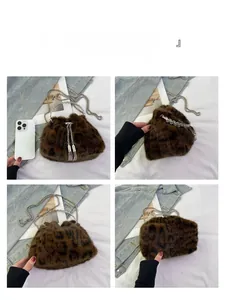 Detail view of leopard print bucket bag with diamond ring handle and chain strap from 4 angles