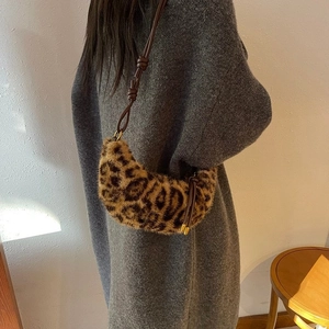 Winter leopard print faux fur crossbody dumpling bag with brown leather shoulder strap