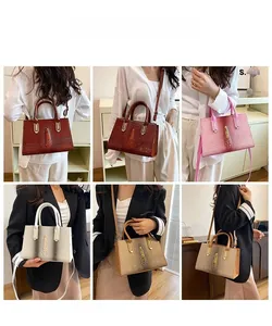 Collage von Modellen mit Kroko-Taschen in verschiedenen Farben und goldenem Metallverschluss