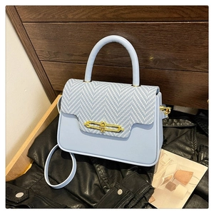 Light blue PU leather handbag with chevron weave detail and golden metal lock