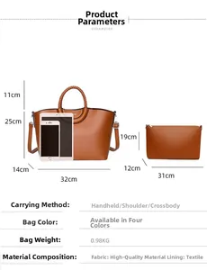 Size comparison chart showing a brown PU leather tote bag set with dimensions and weight