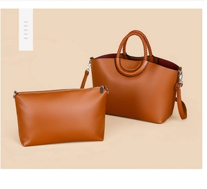 Caramel brown pebbled leather tote bag set with woven handles and matching pouch
