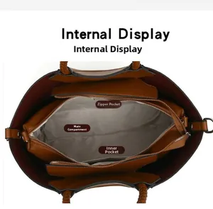Interior view of brown PU leather tote bag with central zipper compartment and grey lining