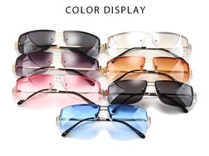 Color display of rimless square sunglasses featuring metal temples and diverse lens shades