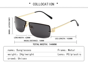 Detailed size specifications for rimless square sunglasses with grey gradient lenses