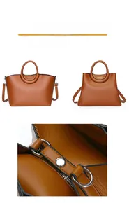 Detail of caramel PU leather bag featuring woven handle and dual-shape folding design