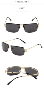 Three-view shot of rimless grey square sunglasses with gold C-shaped metal temples