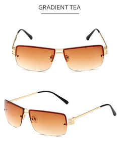 Detailed view of rimless gradient tea sunglasses with stylish gold metal frame