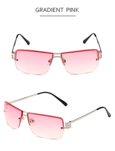 Detail view of pink gradient rimless square sunglasses with silver metal frame