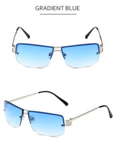 Detail view of rimless rectangle sunglasses with gradient blue lenses and silver metal frame