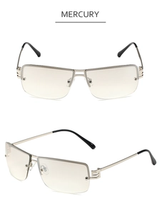 Detail view of rimless square sunglasses with silver metal frames and brown gradient lenses