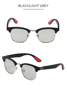 Dettaglio di occhiali polarizzati semi-rimless con montatura in argento e gommini rossi