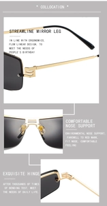 Details of rimless square sunglasses showing the temple, nose pads, and hinge components