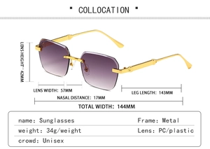 Detailed view of rimless square sunglasses with purple gradient lenses and gold metal temples