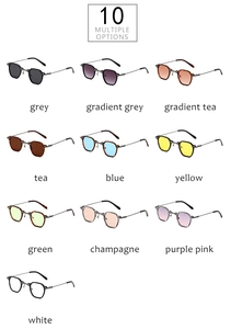Grille détaillée présentant des lunettes de soleil rétro en dix coloris de verres