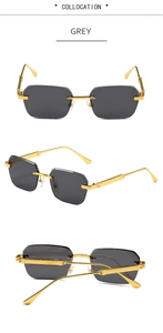 Three-view display of grey rimless square sunglasses with gold metal temples and bridge