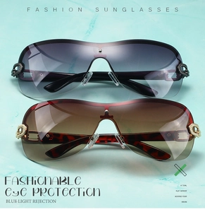 Detail of oversized rimless Y2K sunglasses with rivets and blue light protection