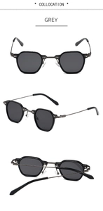 Détails des lunettes de soleil hexagonales grises avec monture en métal et vues multiples