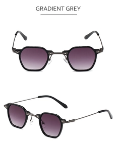 Détails de lunettes de soleil géométriques vintage avec verres dégradés gris et branches métal