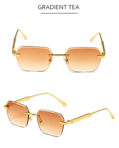 Detailed view of rimless square sunglasses with gradient tea lenses and gold metal arms