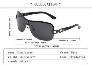 Detailed size chart for Y2K rimless sunglasses with lens, bridge, and frame measurements