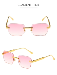 Macro detail of rimless square sunglasses with gradient pink lenses and gold metal arms