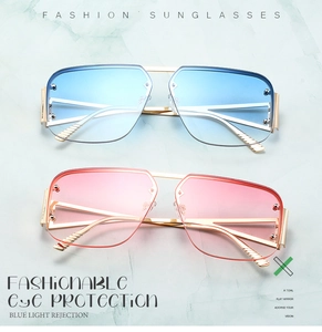Detail of oversized aviator sunglasses with gradient lenses and blue light protection