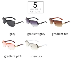 Showcase of Y2K rimless sunglasses in five colors with metallic chain temples