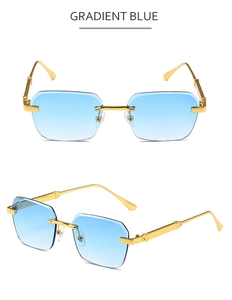 Detail view of rimless square sunglasses with gradient blue lenses and gold metal temples