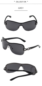Three-angle view of grey rimless Y2K sunglasses with metallic chain temple detail