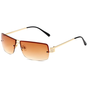 Fashionable rimless square sunglasses with gradient orange lenses and gold metal temples