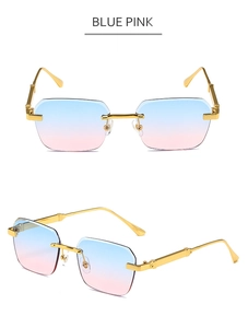 Detail of rimless square sunglasses with blue pink gradient lenses and golden metal frame