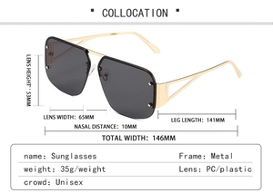 Detailed dimensions of unisex square aviator sunglasses with gold metal frame and PC lenses