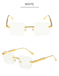 Detail view of gold rimless square glasses frames with stylish gradient lens design