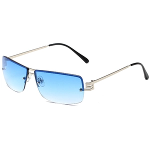 Frameless square sunglasses with blue gradient lenses and golden metal temples
