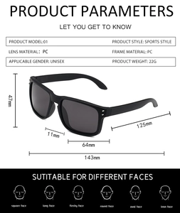 Detailed dimensions guide for black polarized sports sunglasses with sizing chart