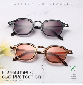 Detailed view of retro hexagonal metal frame glasses with blue light protection