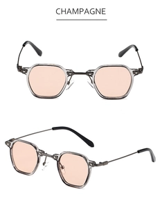 Détail des verres champagne et monture en bronze pour lunettes de soleil rétro punk