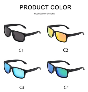 Polarized sports sunglasses in four color options including orange, blue, and grey lenses