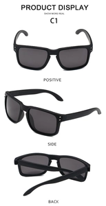 Detailed front, side and back views of matte black square polarized sunglasses