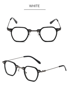 Vue de face et de profil des lunettes géométriques noires aux rivets argentés