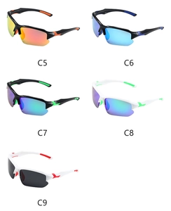 Five polarized cycling sunglasses in various colors including blue and gradient red lenses