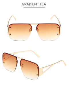 Front and side view of square aviator sunglasses with gold frames and gradient tea lenses