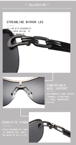 Detailed views of Y2K sunglasses featuring chain temples, soft nose pads and durable hinges