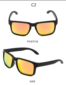 Front and side views of matte black polarized sports sunglasses with orange lenses